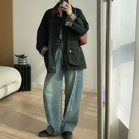 Damen Modische Utility-Jacke mit Karomuster Nord Taschen
