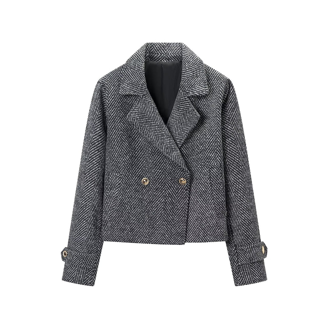 Damen Kurze Doppelreihige Fischgrät-Tweedjacke mit Reverskragen Nord Taschen