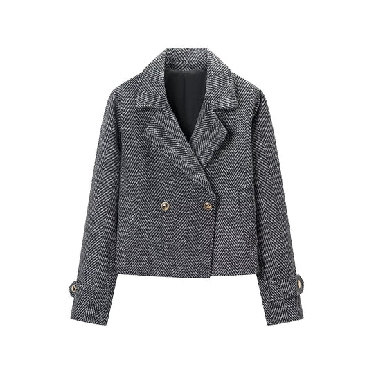 Damen Kurze Doppelreihige Fischgrät-Tweedjacke mit Reverskragen Nord Taschen
