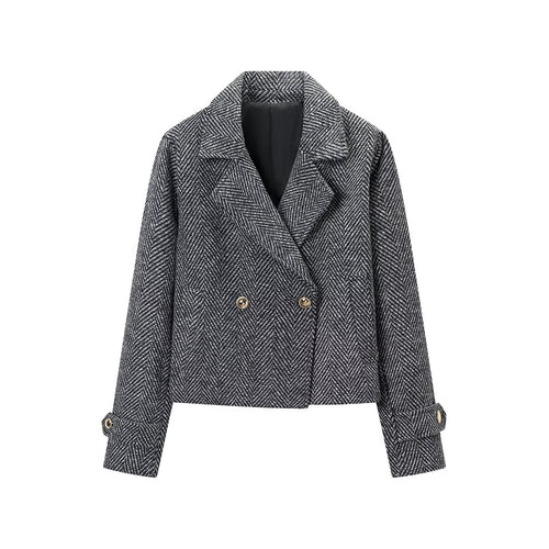 Damen Kurze Doppelreihige Fischgrät-Tweedjacke mit Reverskragen Nord Taschen
