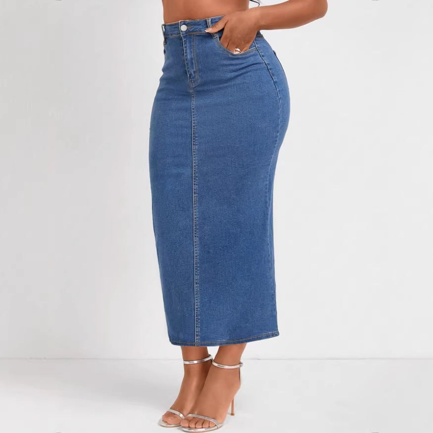 Damen Taillenhoher Stretch-Denim-Midirock mit sichtbarer Mittelnaht und Five-Pocket-Design Nord Taschen