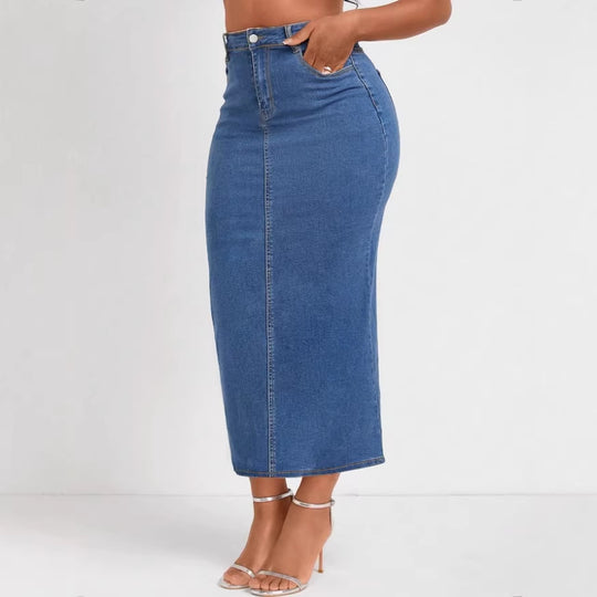 Damen Taillenhoher Stretch-Denim-Midirock mit sichtbarer Mittelnaht und Five-Pocket-Design Nord Taschen