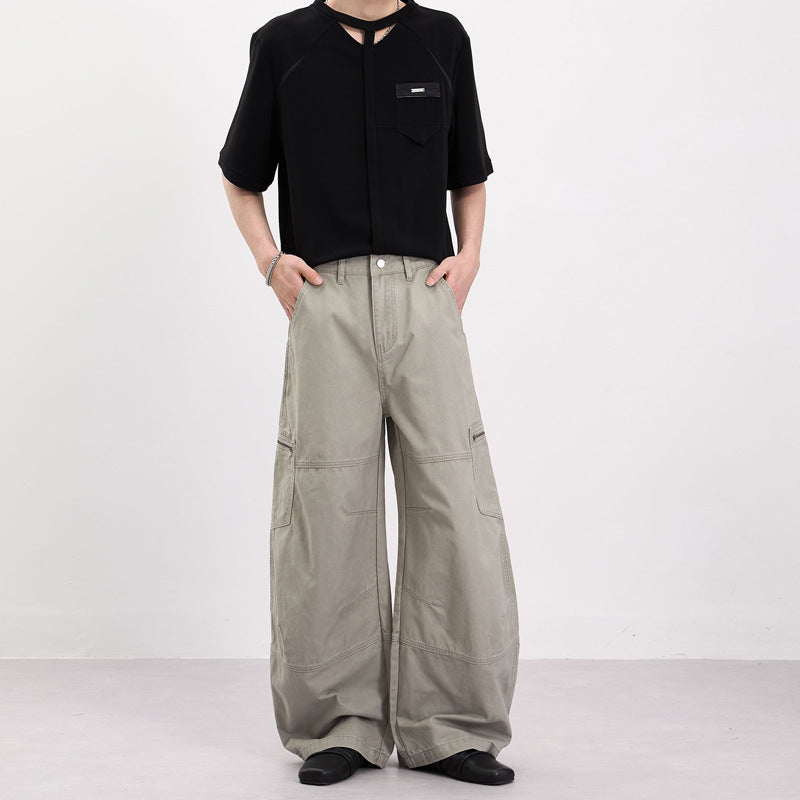 Herren Weite Twill-Palazzo-Cargohose mit tiefem Schritt, Knieabnähern und Utility-Taschen Nord Taschen