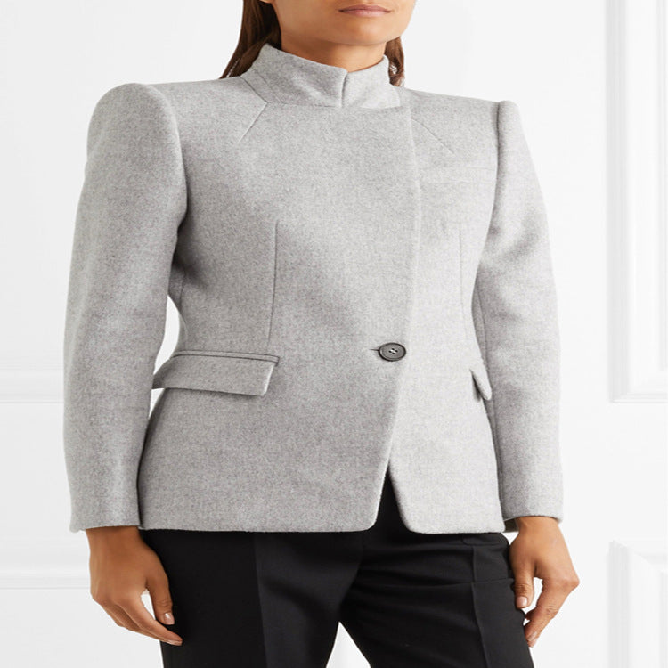 Damen Taillierter Wollmix‑Blazer mit Stehkragen, strukturierter Schulter und Pattentaschen Nord Taschen