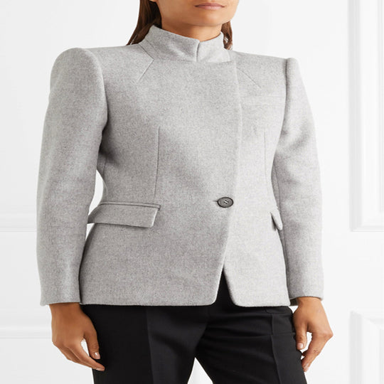 Damen Taillierter Wollmix‑Blazer mit Stehkragen, strukturierter Schulter und Pattentaschen Nord Taschen