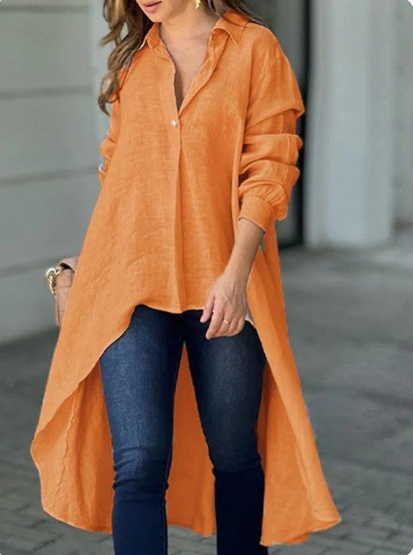 Damen Leichte Leinen‑Tunika‑Bluse mit asymmetrischem High‑Low‑Schwanz und Hemdkragen Nord Taschen