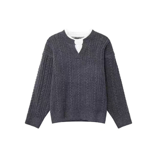 Damen Grobgestrickter Zopfmuster-Pullover mit V‑Ausschnitt und Lagen‑Optik Nord Taschen