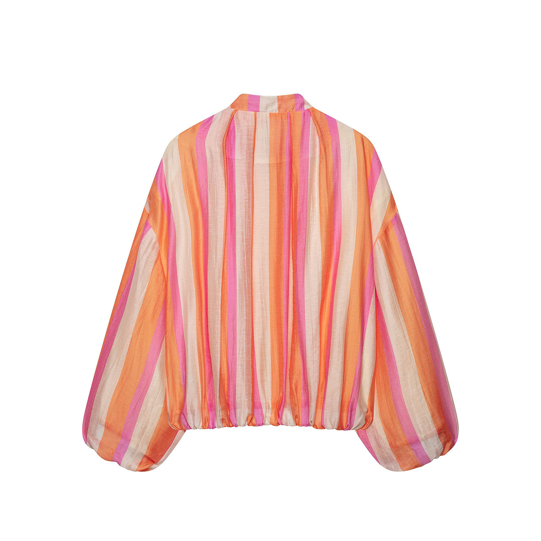 Damen Leichte gestreifte Cropped-Bomberjacke aus transparentem Crêpe mit Ballonärmeln Nord Taschen