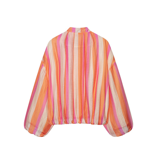 Damen Leichte gestreifte Cropped-Bomberjacke aus transparentem Crêpe mit Ballonärmeln Nord Taschen