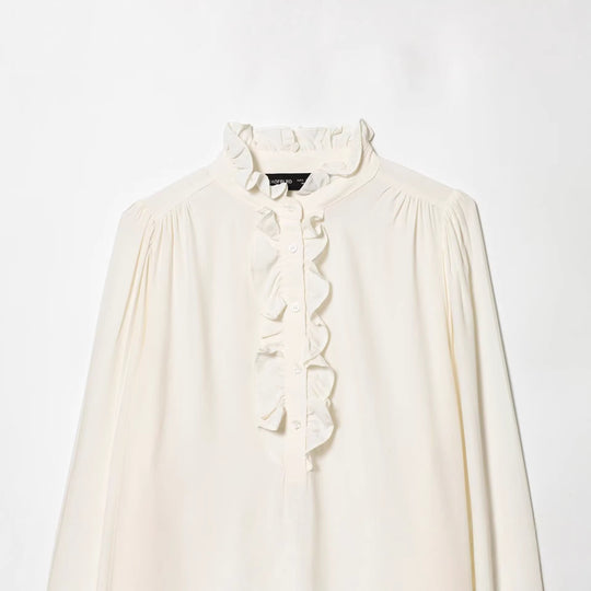 Damen Romantische Rüschenbluse mit Stehkragen, Knopfleiste und Ballonärmeln Nord Taschen