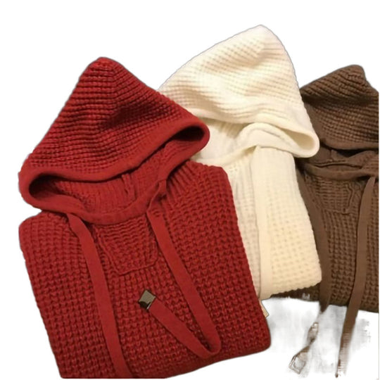 Damen Grobgestrickter Oversize-Kapuzenpullover mit Waffelstruktur und Kordelzug Nord Taschen