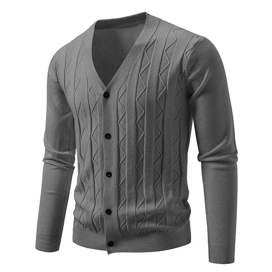 Herren V-Ausschnitt Strickjacke mit dezenter Zopfmusterstruktur und durchgehender Knopfleiste Nord Taschen