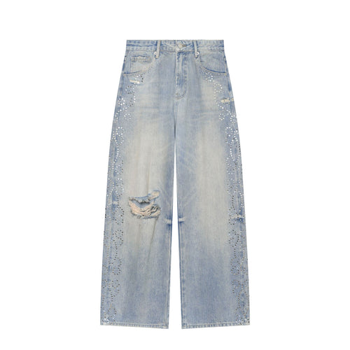 Damen Hochgeschnittene weite Jeans im verwaschenen Look mit Rissen und Nietenapplikation Nord Taschen