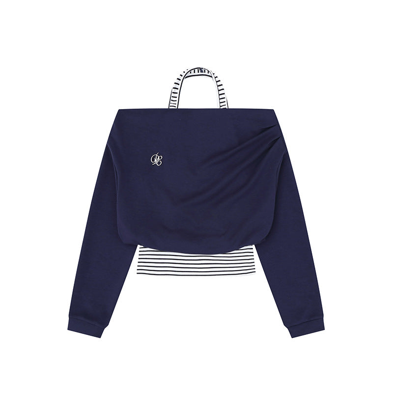 Damen Cropped Lagen-Hoodie mit integriertem Streifen-Untershirt, Kapuze und legerem Raglan-Schnitt Nord Taschen