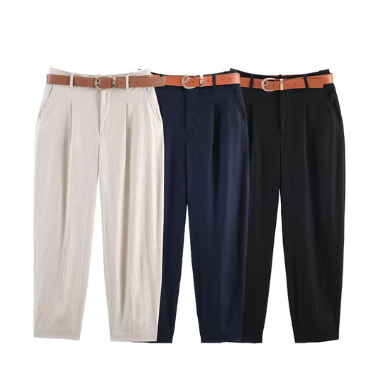 Damen hochwertige, ausgestellte Leinenhose mit modischem Gürtel