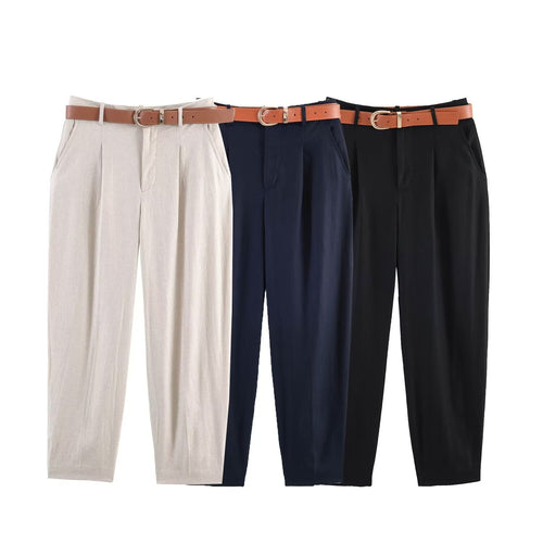 Damen hochwertige, ausgestellte Leinenhose mit modischem Gürtel