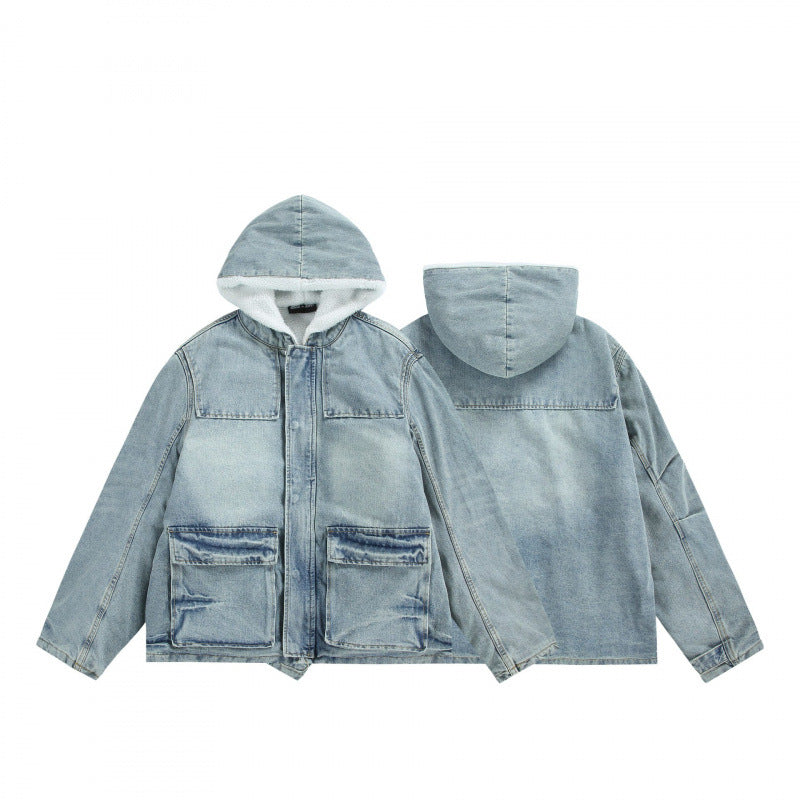Unisex Kapuzen-Jeansparka im Used‑Look mit Teddyfleece-Futter und aufgesetzten Pattentaschen Nord Taschen