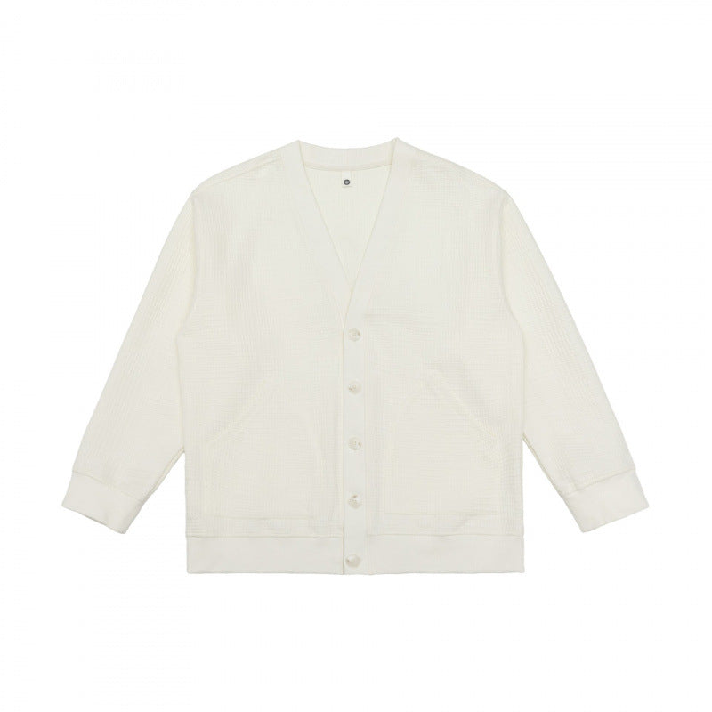 Unisex Oversize Waffelstrick-Cardigan mit V-Ausschnitt, Knopfleiste und aufgesetzten Taschen Nord Taschen