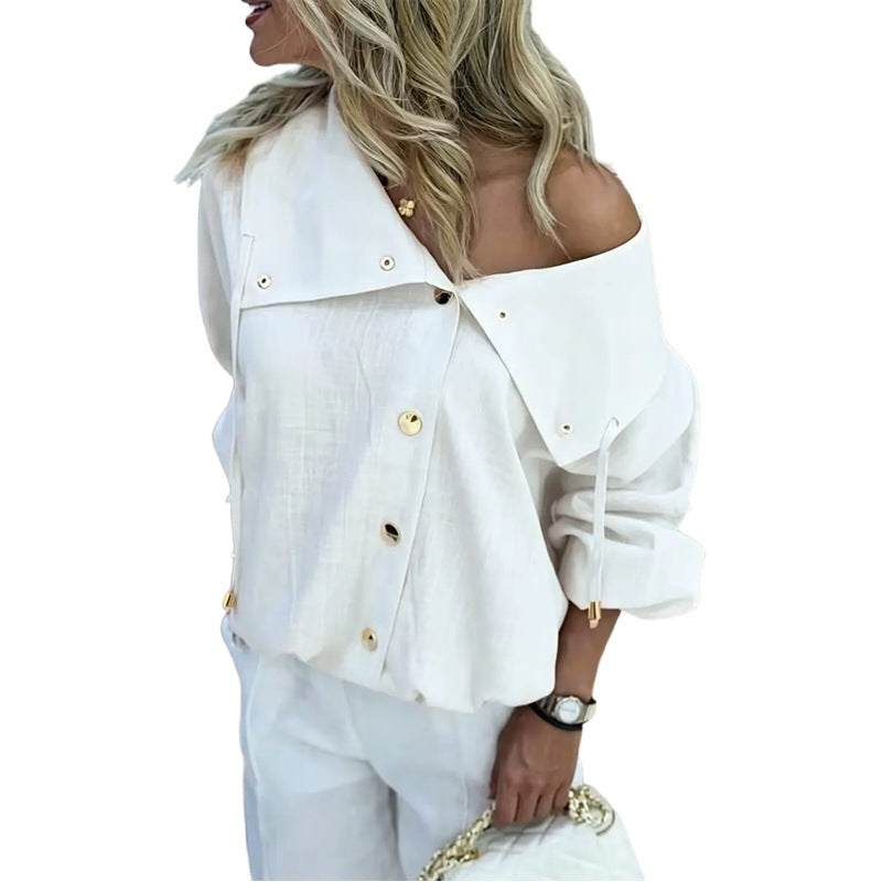 Damen Oversize Off-Shoulder Leinenbluse mit asymmetrischem Kragen und Zierknopfleiste Nord Taschen