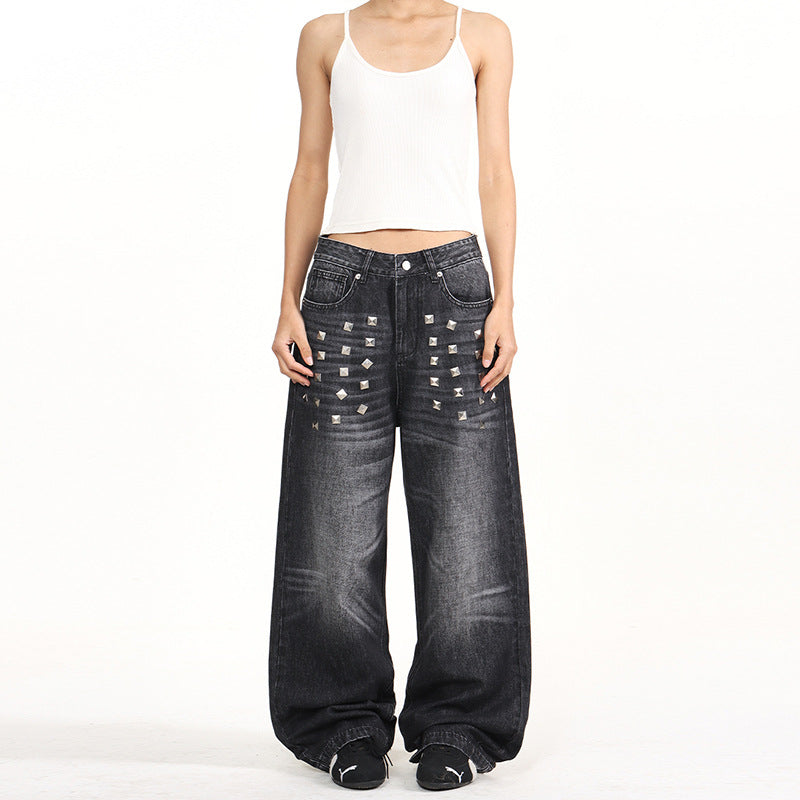 Damen Extraweite Nieten-Baggy-Jeans mit tiefem Bund und Used-Wash Nord Taschen