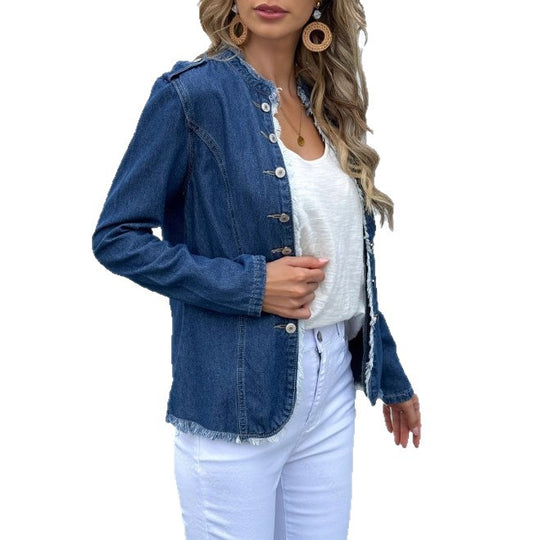 Damen taillierte Denim-Jacke mit Fransenrand und dekorativer Knopfleiste Nord Taschen