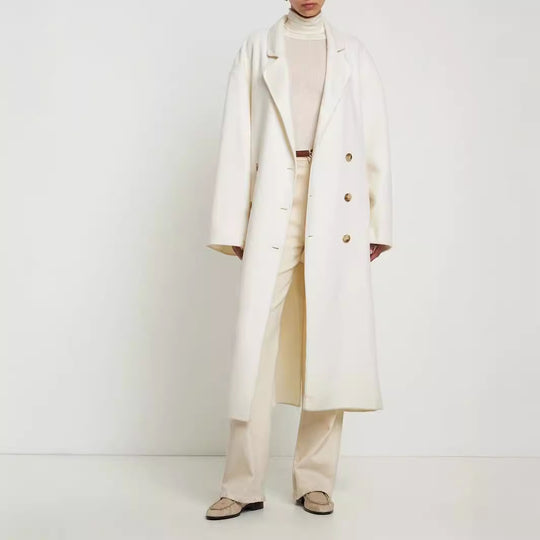 Damen Oversize Zweireihiger Longcoat mit fallender Schultersilhouette und goldenen Zierknöpfen Nord Taschen