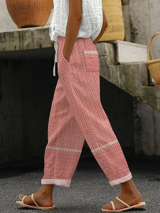 Damen Weite Leinenhose mit handgewNord Taschentem Muster