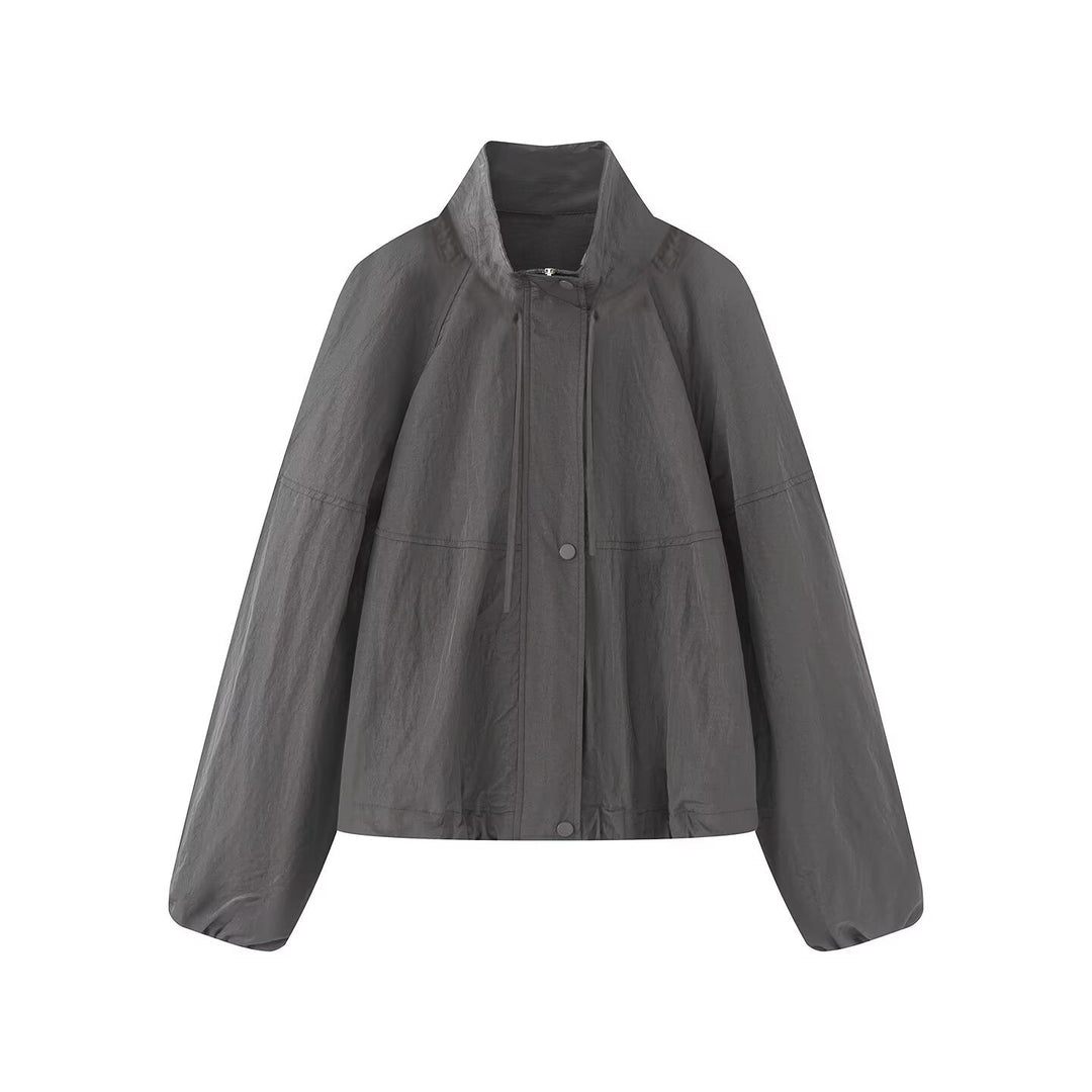 Damen Leichte Oversize-Blousonjacke aus Nylon mit Stehkragen, Kordelzug und Druckknopfverschluss Nord Taschen