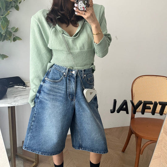 Damen Jeans Bermuda-Shorts im lässigen Stil mit hohen Taschen Nord Taschen
