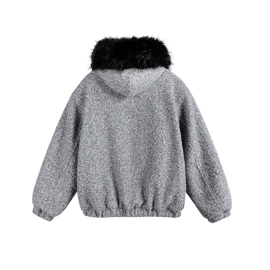 Damen Bouclé-Blousonjacke mit voluminösem Faux-Fur-Kragen und Thermofutter Nord Taschen