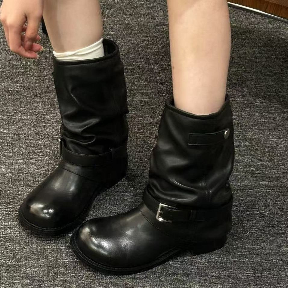 Damen Lederstiefel mit modischen Schnallenverzierungen Nord Taschen
