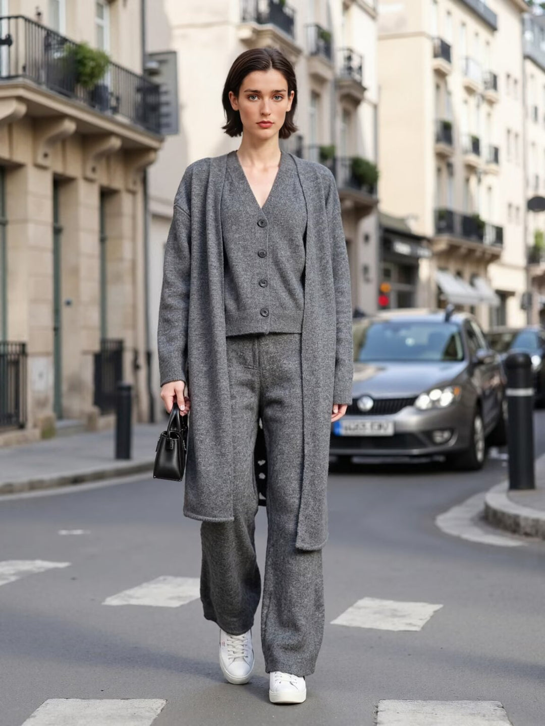 Damen Oversize Strick-Set mit Longcardigan, Knopf-Weste und weiten Hosen Nord Taschen