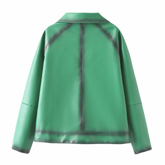 Damen Boxy-Kunstlederjacke mit großem Hemdkragen und durchgehendem Reißverschluss Nord Taschen