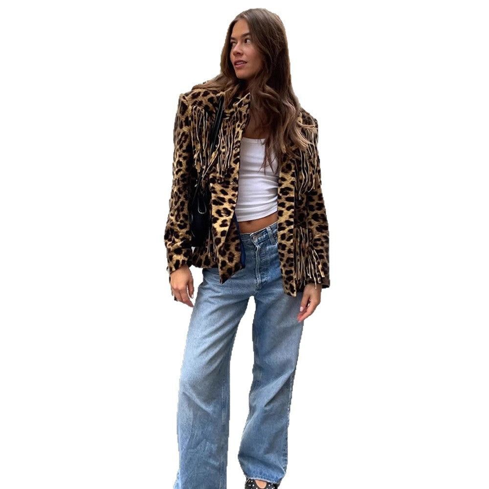 Damen Kurzer Kunstfell-Blouson mit Leopardenprint und Fransen Nord Taschen