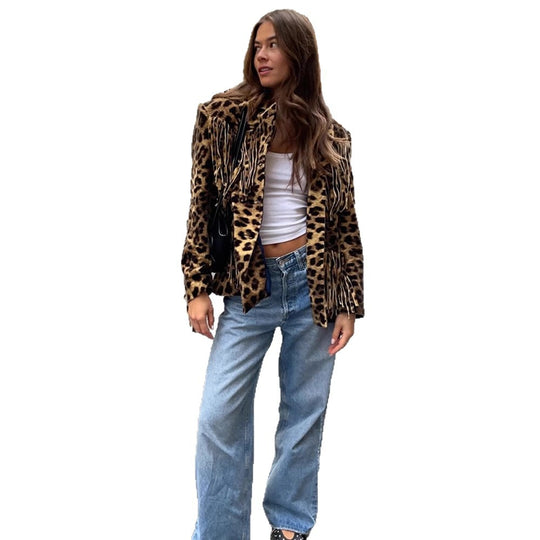 Damen Kurzer Kunstfell-Blouson mit Leopardenprint und Fransen Nord Taschen