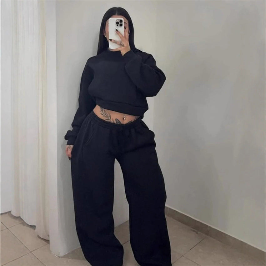 Damen Cropped-Sweatshirt mit hohem Rundhalsausschnitt und elastischer Tunnelzug Wide-Leg Jogginghose Set Nord Taschen