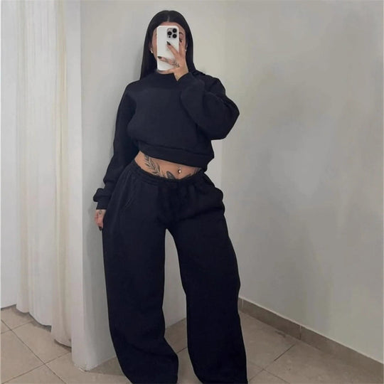 Damen Cropped-Sweatshirt mit hohem Rundhalsausschnitt und elastischer Tunnelzug Wide-Leg Jogginghose Set Nord Taschen