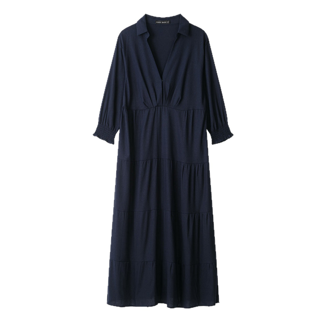 Damen Midikleid im Stufen-Look mit Hemdkragen, V‑Ausschnitt und geraffter Taillennaht Nord Taschen