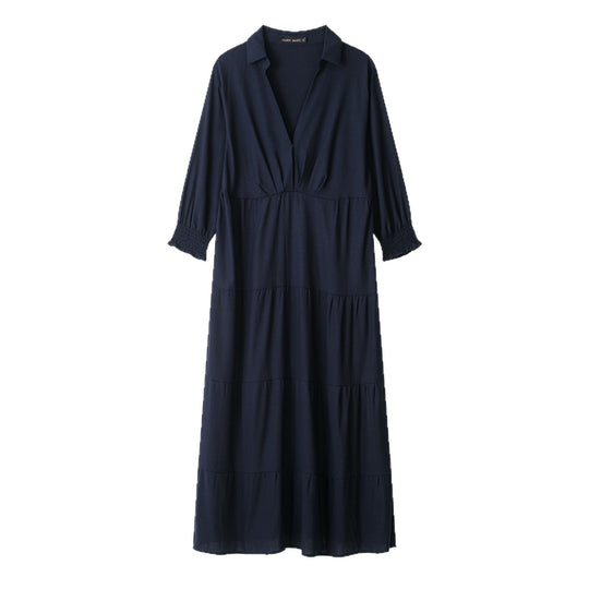 Damen Midikleid im Stufen-Look mit Hemdkragen, V‑Ausschnitt und geraffter Taillennaht Nord Taschen
