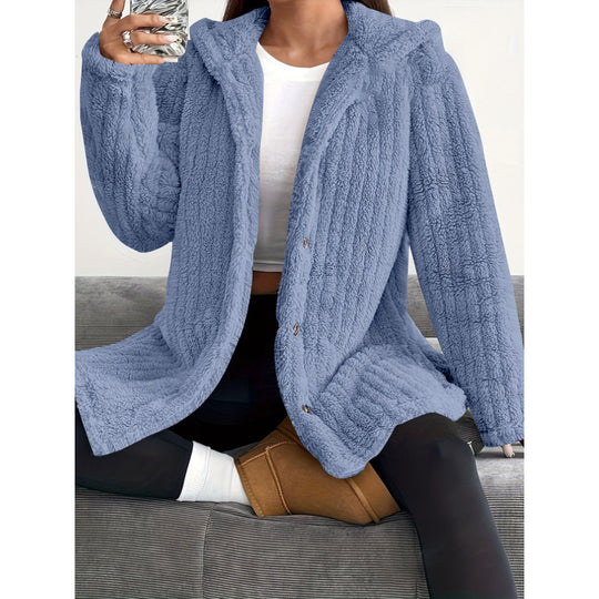 Damen Kapuzen-Teddy-Mantel mit Knopfleiste und Oversize-Schnitt Nord Taschen