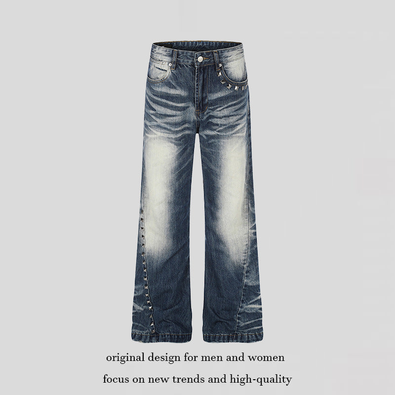 Damen Hochtaillierte weite Schlagjeans mit Used‑Waschung und Nietenbesatz Nord Taschen