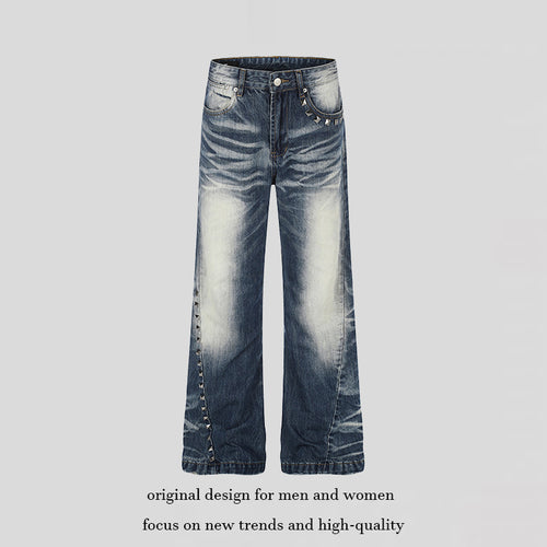 Damen Hochtaillierte weite Schlagjeans mit Used‑Waschung und Nietenbesatz Nord Taschen
