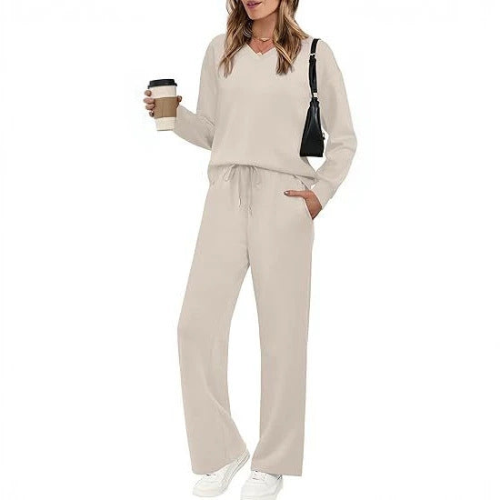 Damen Lässiges Lounge-Set mit V-Ausschnitt-Sweatshirt und weiten Tunnelzug-Hosen Nord Taschen
