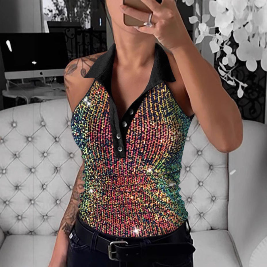 Damen Poloshirt mit funkelnden Pailletten und auffälligem Leopardenmuster