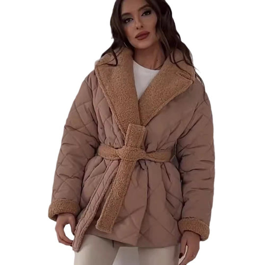 Damen Steppjacke mit Teddy-Futter Taillengürtel und großem Schalkragen Nord Taschen