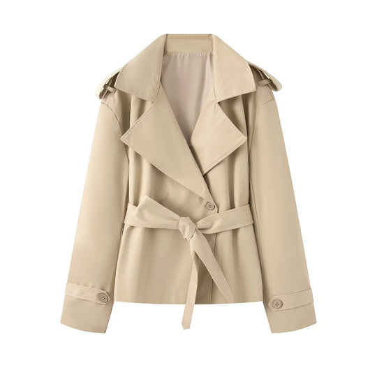 Damen Kurz geschnittener doppeltreihiger Trenchcoat mit Taillengürtel und Schulterklappen Nord Taschen