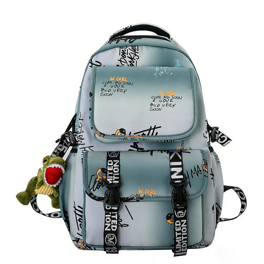 Damen Rucksack mit kreativem Graffiti-Design und charmantem Plüschanhänger Nord Taschen
