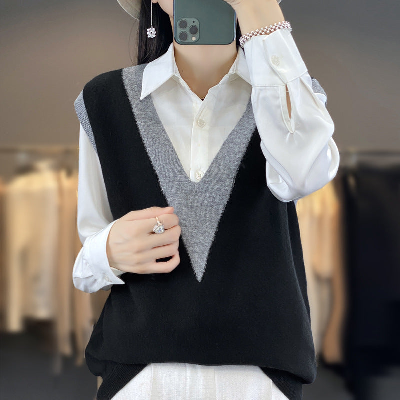 Damen Strukturiertes Feinstrick-Longvest mit tiefem V-Ausschnitt und kontrastierendem V-Paneel Nord Taschen