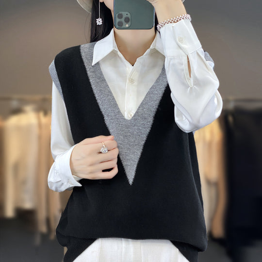 Damen Strukturiertes Feinstrick-Longvest mit tiefem V-Ausschnitt und kontrastierendem V-Paneel Nord Taschen