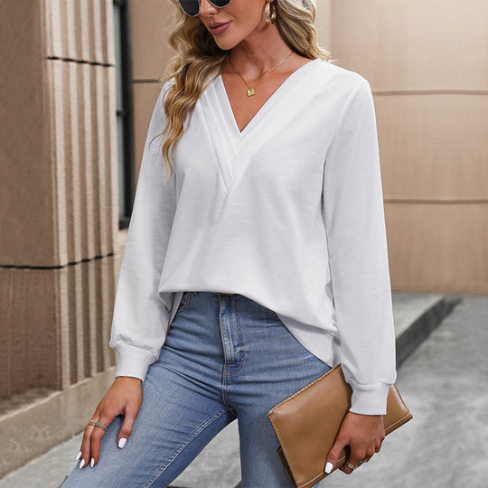 Damen Elegante Bluse mit V-Ausschnitt und langen Ärmeln Nord Taschen